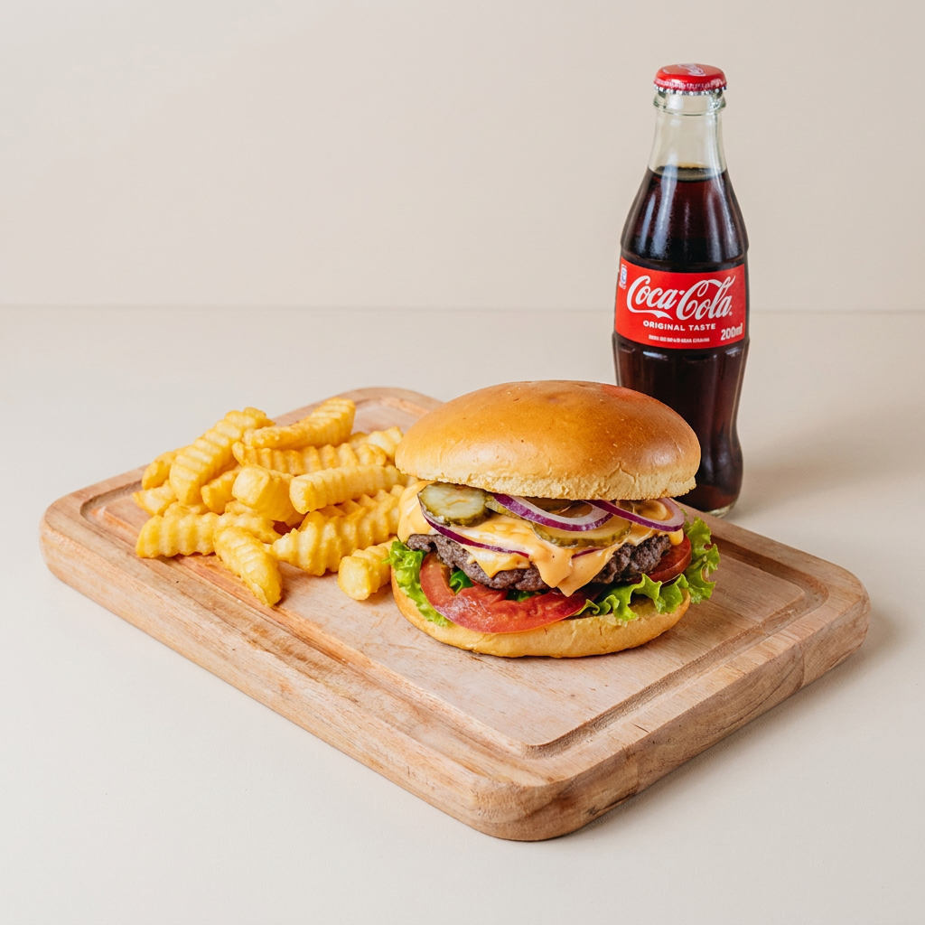 Combo: 01 Burguer Black Salad (pão brioche, hambúrguer artesanal 150g, queijo prato, alface, tomate, cebola roxa, picles e maionese da casa) + 01 Fritas 100g + 01 Coca-Cola 200ml. Sabor e frescor em cada mordida!