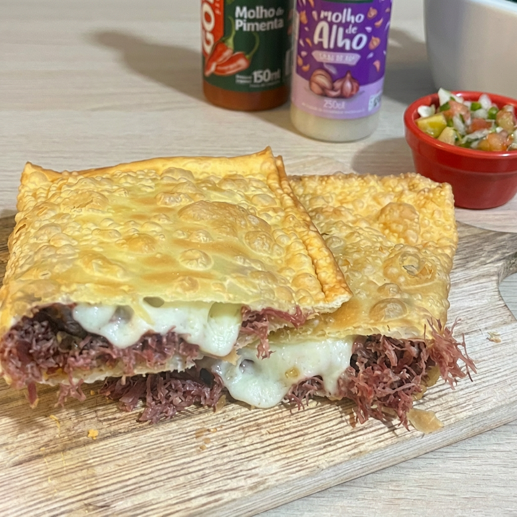 Pastel de Carne Seca com Queijo Mussarela: carne seca desfiada e queijo mussarela derretido.