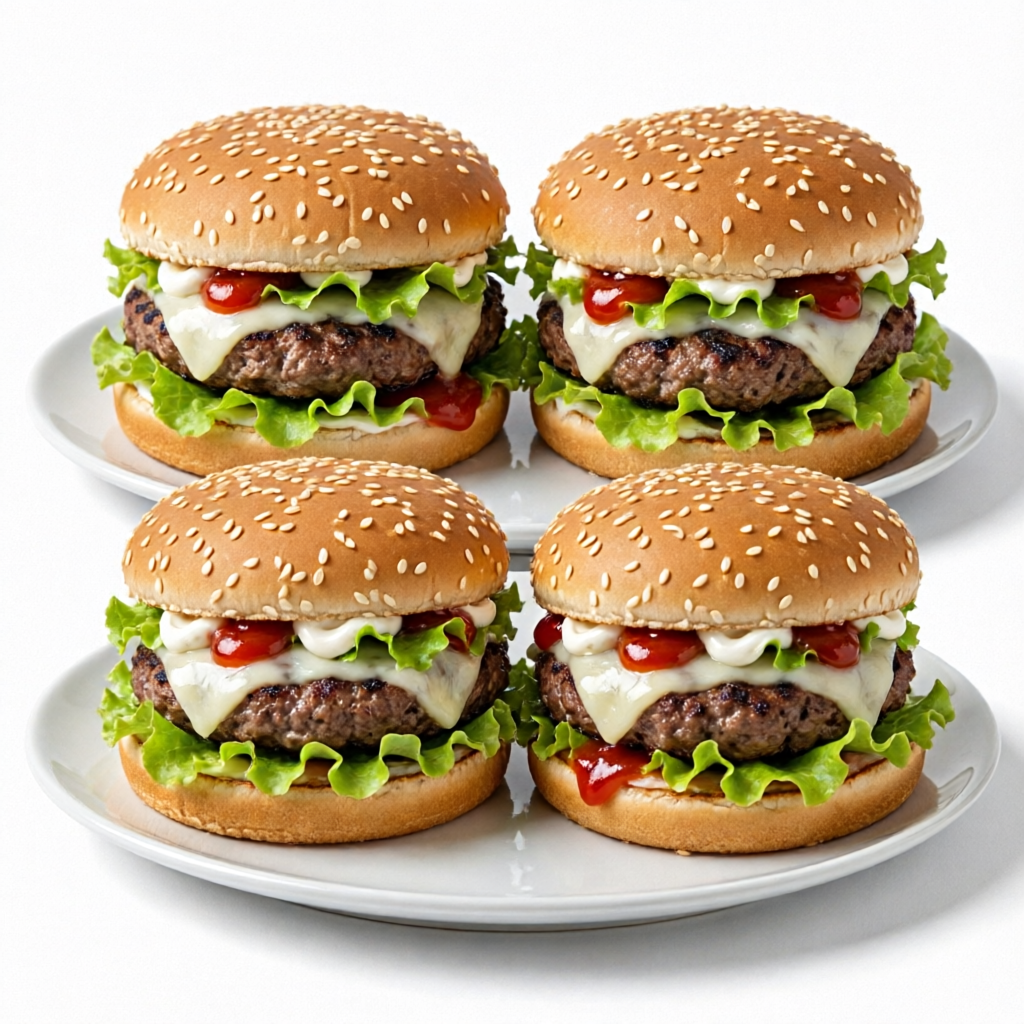 4 Lanches X-BURGUER (Pão com gergelim. 1 hammburguer 56g, queijo musarela, alface americano, e molhos ketchup e maionese)
