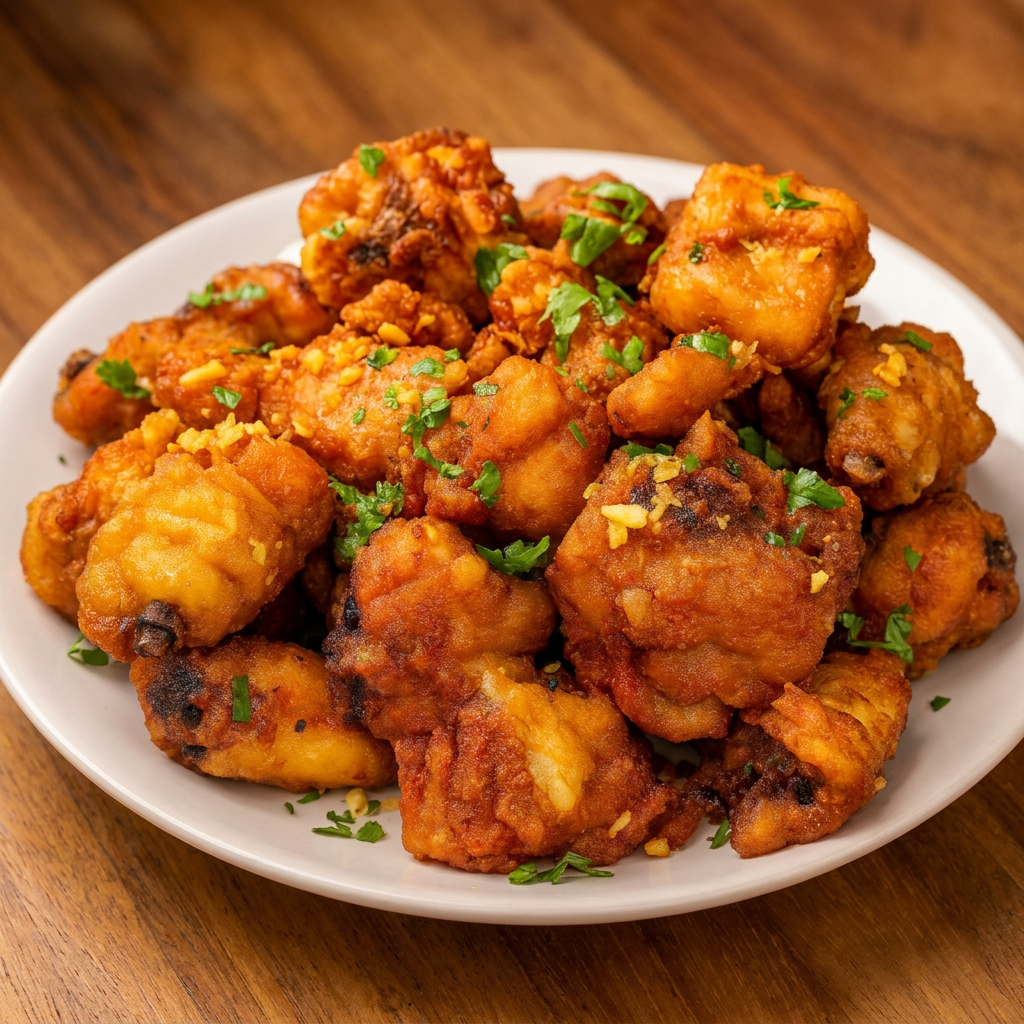 Frango picado,temperado com especiarias, empanado e frito.acompanhado do delicioso molho de alho.