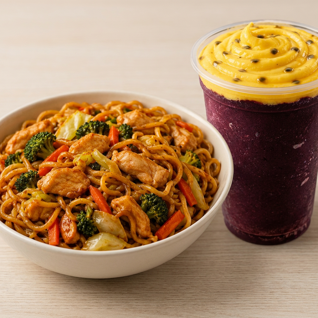 Yakisoba de de Frango450g + Açaí de mousse de maracujá 250ml. O combo perfeito: sabor leve, quentinho e refrescante.