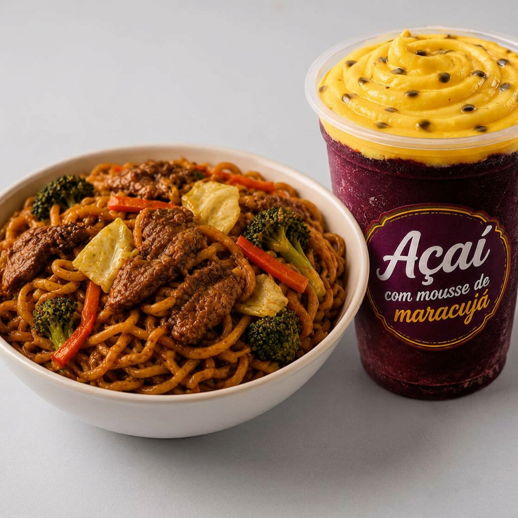 Yakisoba de de carne 450g + Açaí de mousse de maracujá 250ml. O combo perfeito: sabor leve, quentinho e refrescante.