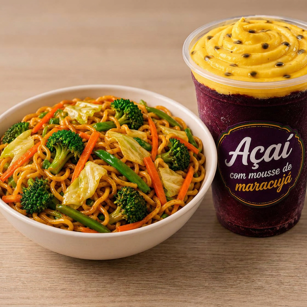 Yakisoba de de Legumes 450g + Açaí de mousse de maracujá 250ml. O combo perfeito: sabor leve, quentinho e refrescante.