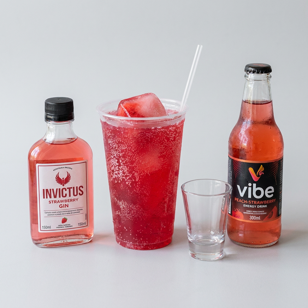 150 ml de gin Invictus Stranwberry , 300 ml de energético Vibe morango e pêssego, 1 gelo de côco Coko morango 1 copo e canudo ( o gin e o energético vão em garrafinhas separadas)