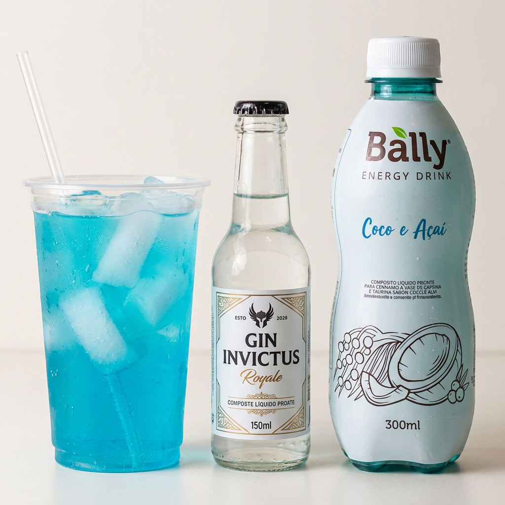 150 ml de gin Invictus Royale, 300 ml de energético Bally Côco e Açaí, 1 gelo de côco Coko 1 copo e canudo ( o gin e o energético vão em garrafinhas separadas)
