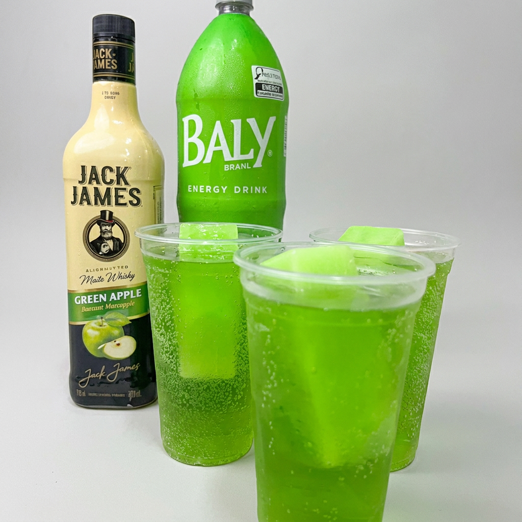 150 ml de whisky Jack James Green Apple, 300 ml de energético maçã verde , 1 gelo de cocô maçã verde 1 copo e 1 canudo ( o líquido vai em garrafinhas separadas)