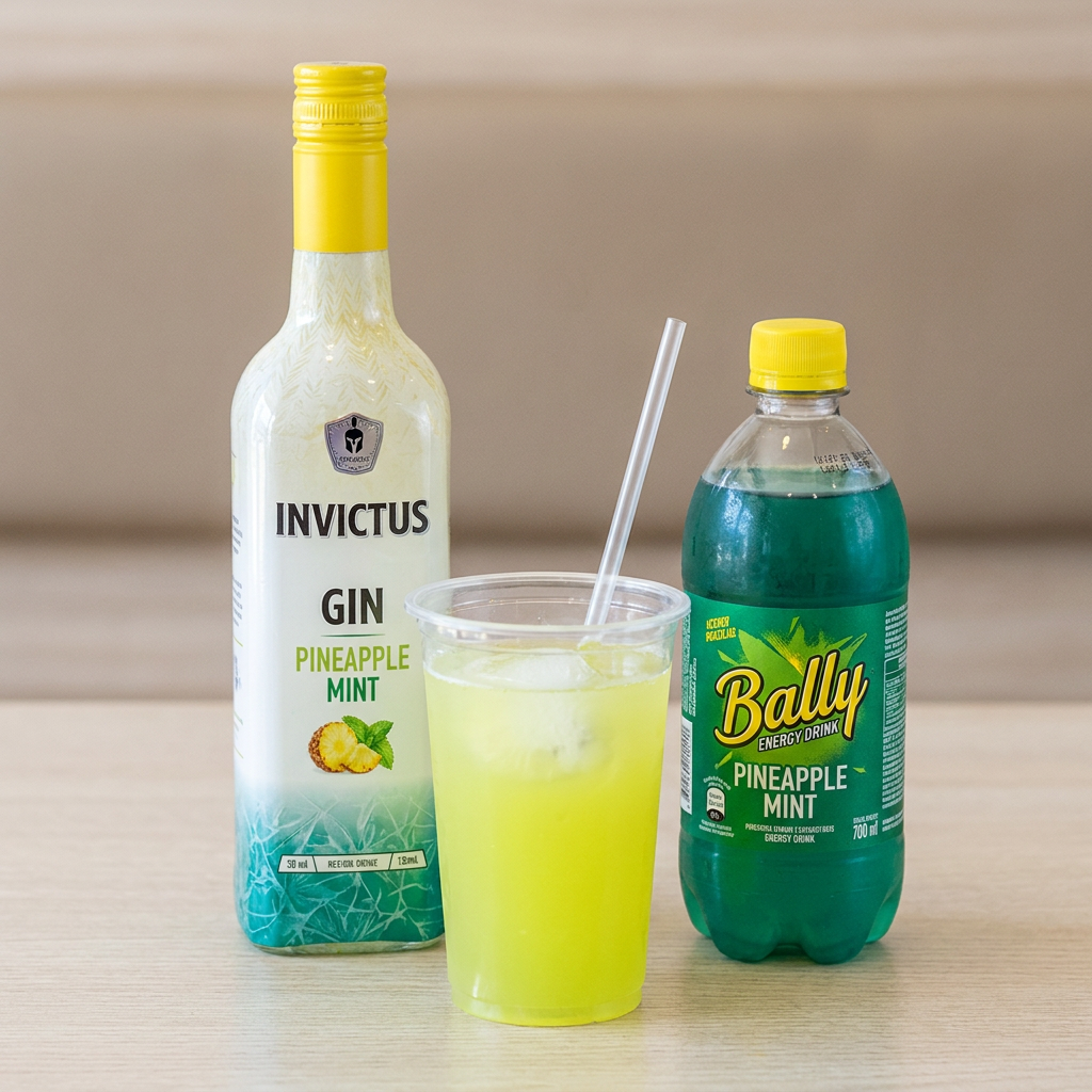 150 ml de gin Invictus Abacaxi com hortelã, 300 ml de energético Bally abacaxi com hortelã, 1 gelo de côco Coko, copo e canudo ( o gin e energético vão em garrafinhas separadas)