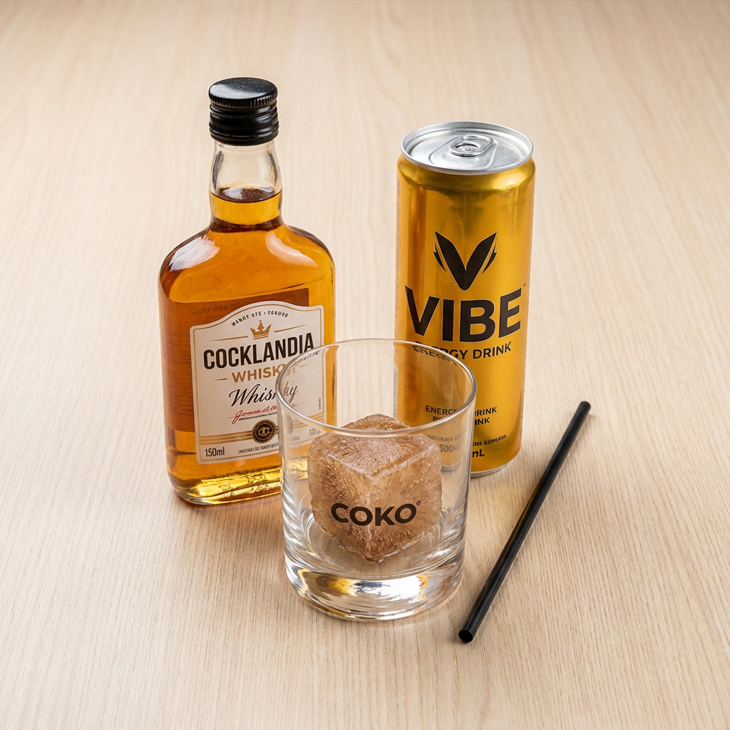 150 ml de whisky Cocklandia, 300 ml de energético Vibe , 1 gelo de côco Coko 1 copo e 1 canudo ( o líquido vai em garrafinhas para não derramar)