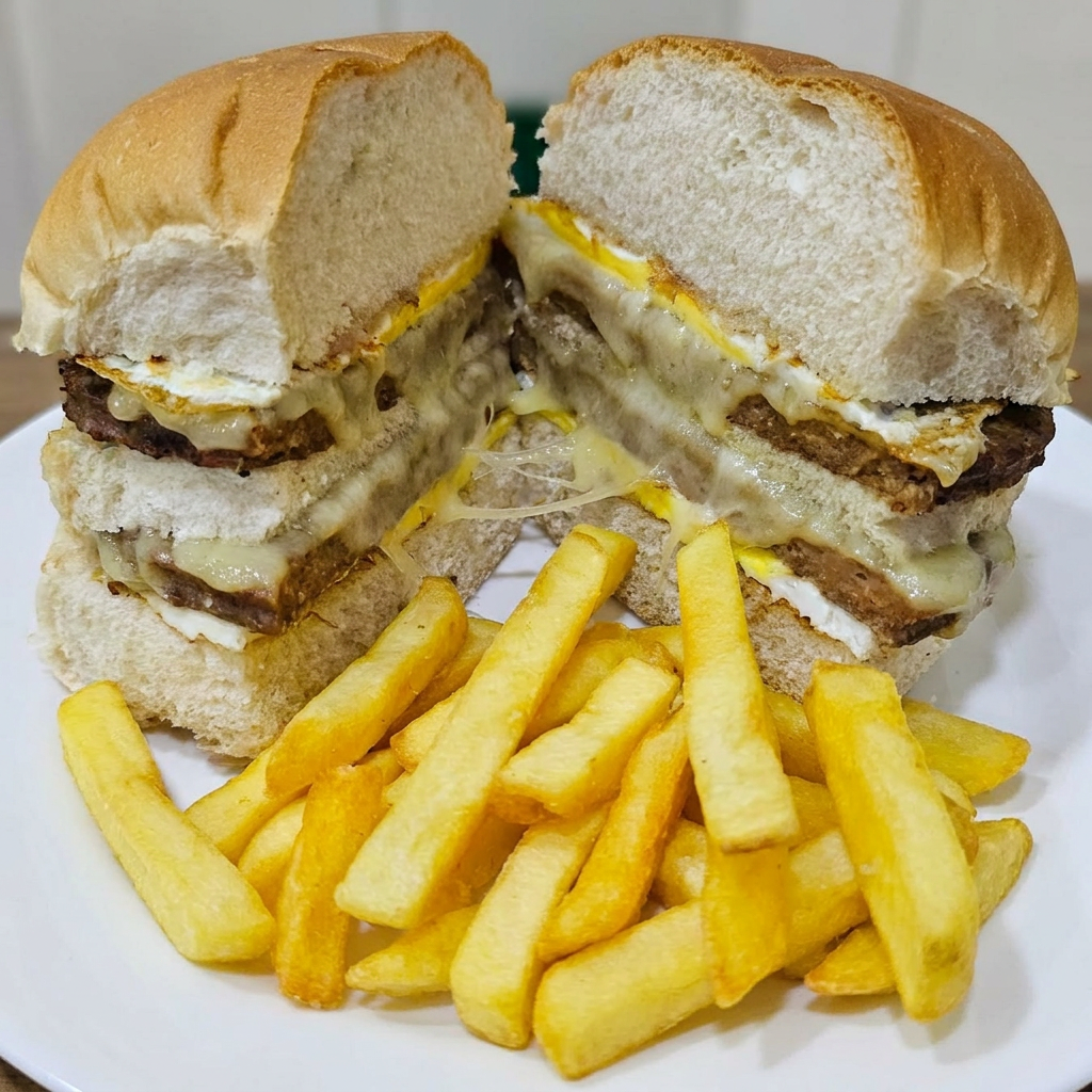 2 carnes de Hamburguer,mussarela,bacon,alface,tomate e maionese caseira