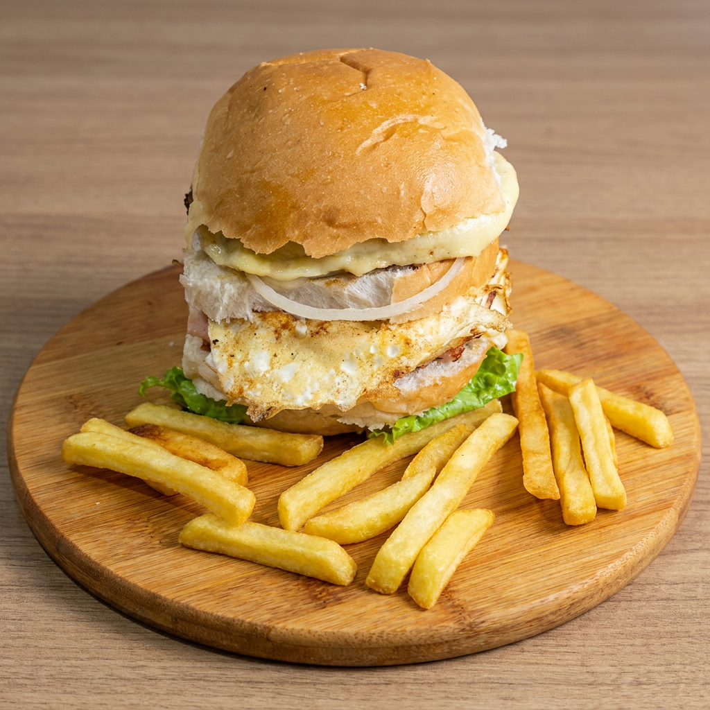 2 hambúrguers, presunto, queijo, ovo, alface, tomate e maionese