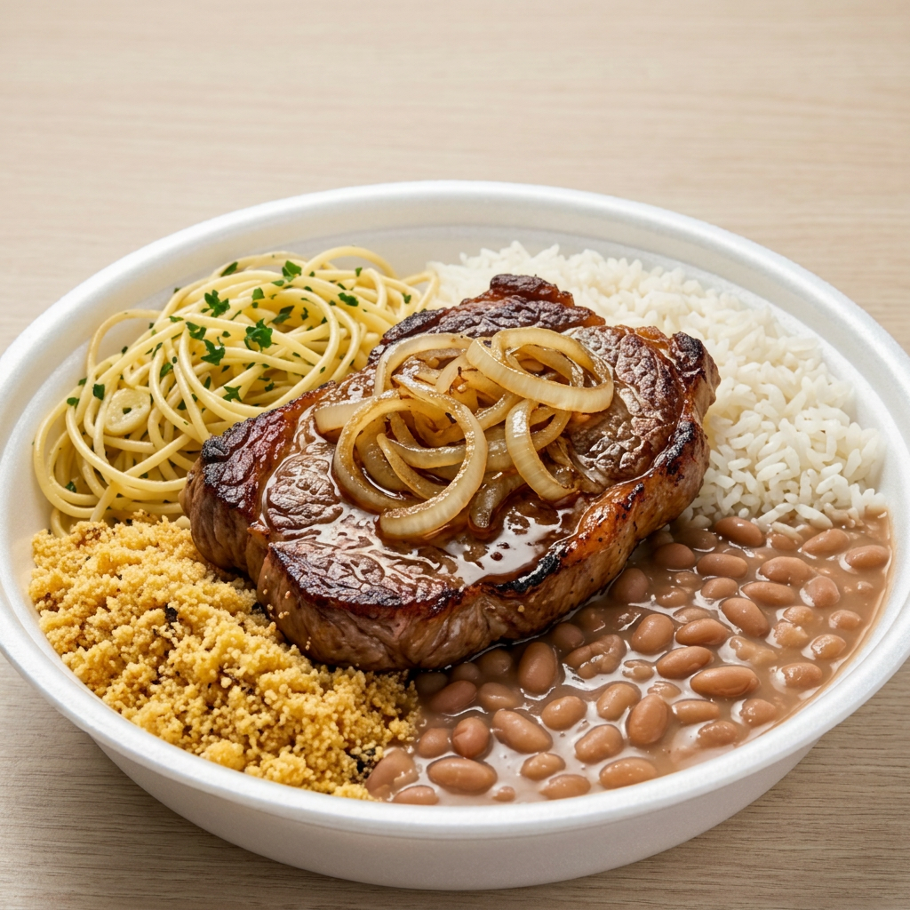 Delicioso e Suculento Bife Bovino acebolado, acompanhado de arroz, feijão cremoso e temperado, farofa da casa e macarrão ao alho e óleo..