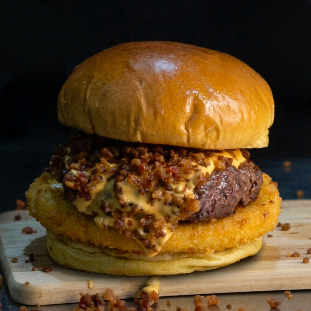 O 'Dom Torrão' é um hambúrguer excepcionalmente delicioso. Este prato é montado com um pão especial, cuidadosamente escolhido para acentuar o sabor. Abraçando uma suculenta e generosa porção de carne de 180g, preparada ao ponto para pão especial , carne de4 160 g , queijo muçarela empanado 130 g na farinha panko ,e fatias de bacon , pasta de alho artesanal e barbecue