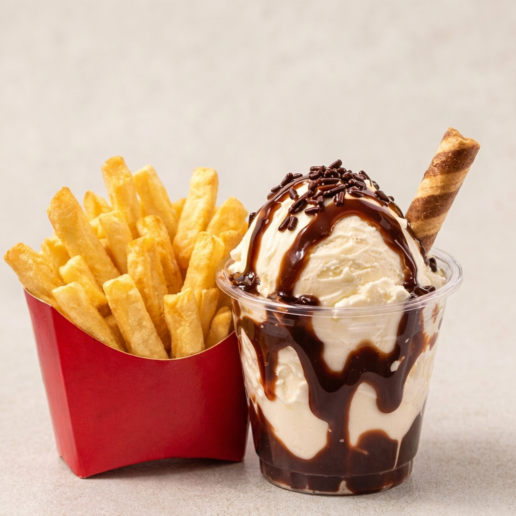 1 Porção de Batata Fritissíma + 1 Delicioso Sundae Cremoso