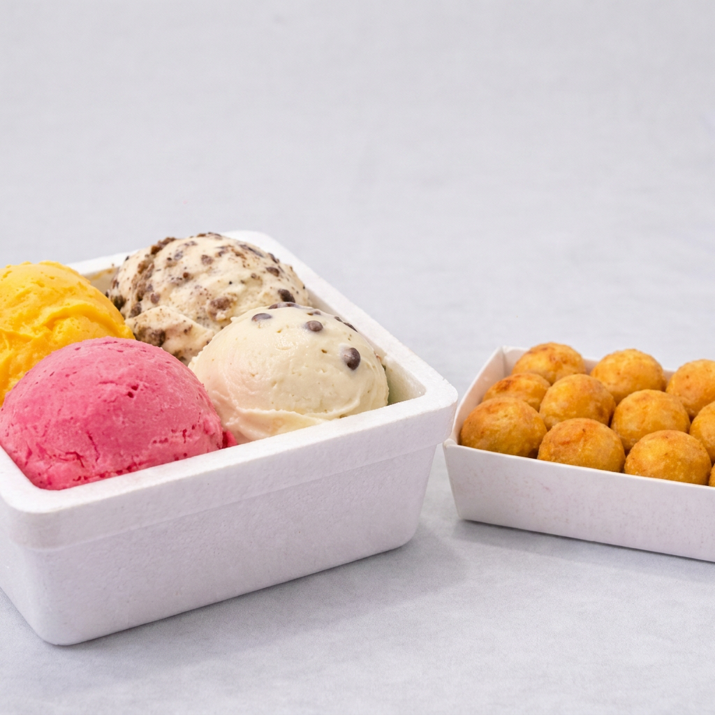 Cuba com 4 cremosas bolas de sorvetes (sabores a sua escolha), acompanhada de uma porção com 12 mini salgadinhos