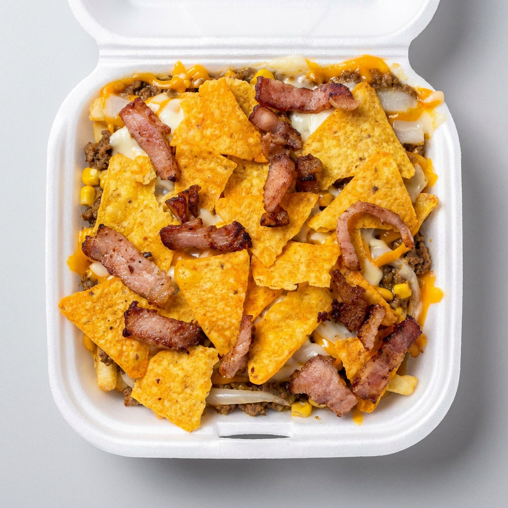 Batata, cheddar, carne moída temperada com pimenta, bacon, milho e doritos triturado 500G