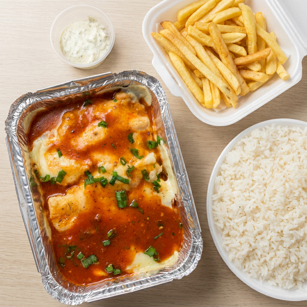 Deliciosos file de tilápia empanada com um irresistível molho de tomate caseiro, acompanhada com fritas nosso delicioso arroz branco e nosso suculento molho de alho. Servindo 2 pessoas