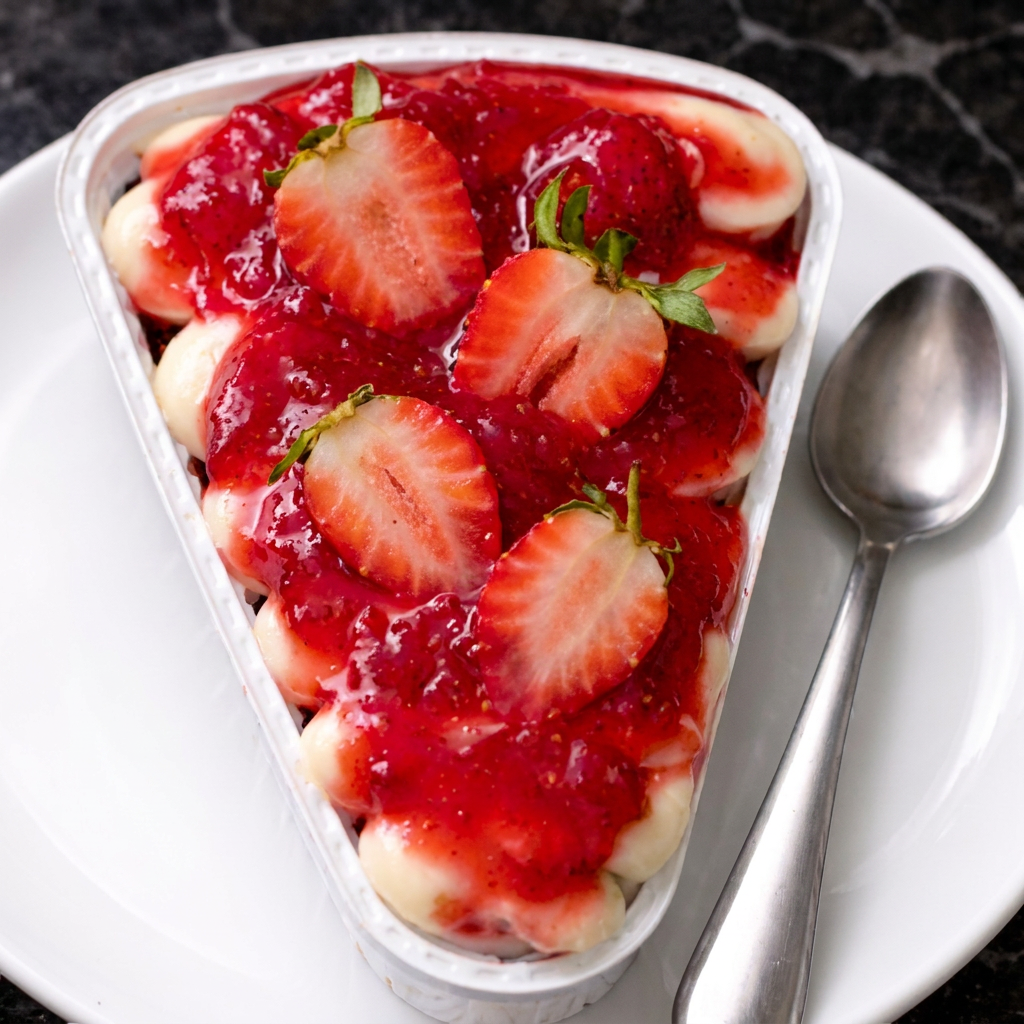 Fatia de brownie super chocolatudo, coberta com Ninho cremoso e finalizada com uma deliciosa geleia de morango 🍓✨ Uma combinação perfeita de sabor e carinho em cada mordida!