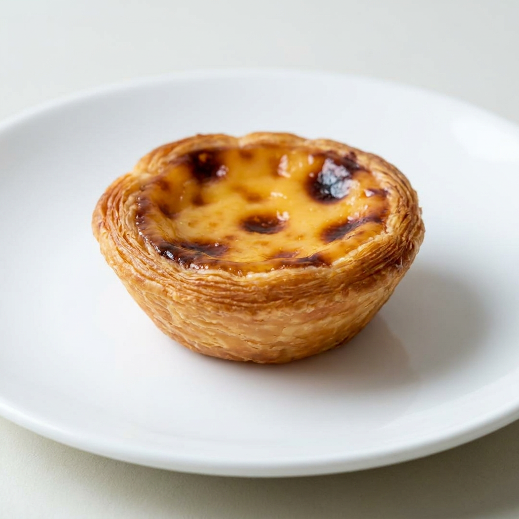 “Delicioso pastel de nata, com massa folhada crocante e recheio cremoso de creme. Um clássico português irresistível!”