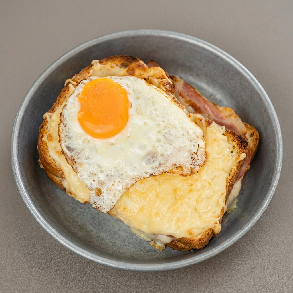 Brioche, molho bechamel, mussarela, presunto, parmesão e ovo gema mole