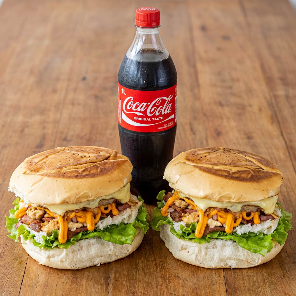 Pão, maionese especial, frango, bacon, calabresa, hambúrguer, ovo, queijo, batata palha, cebola, alface e tomate