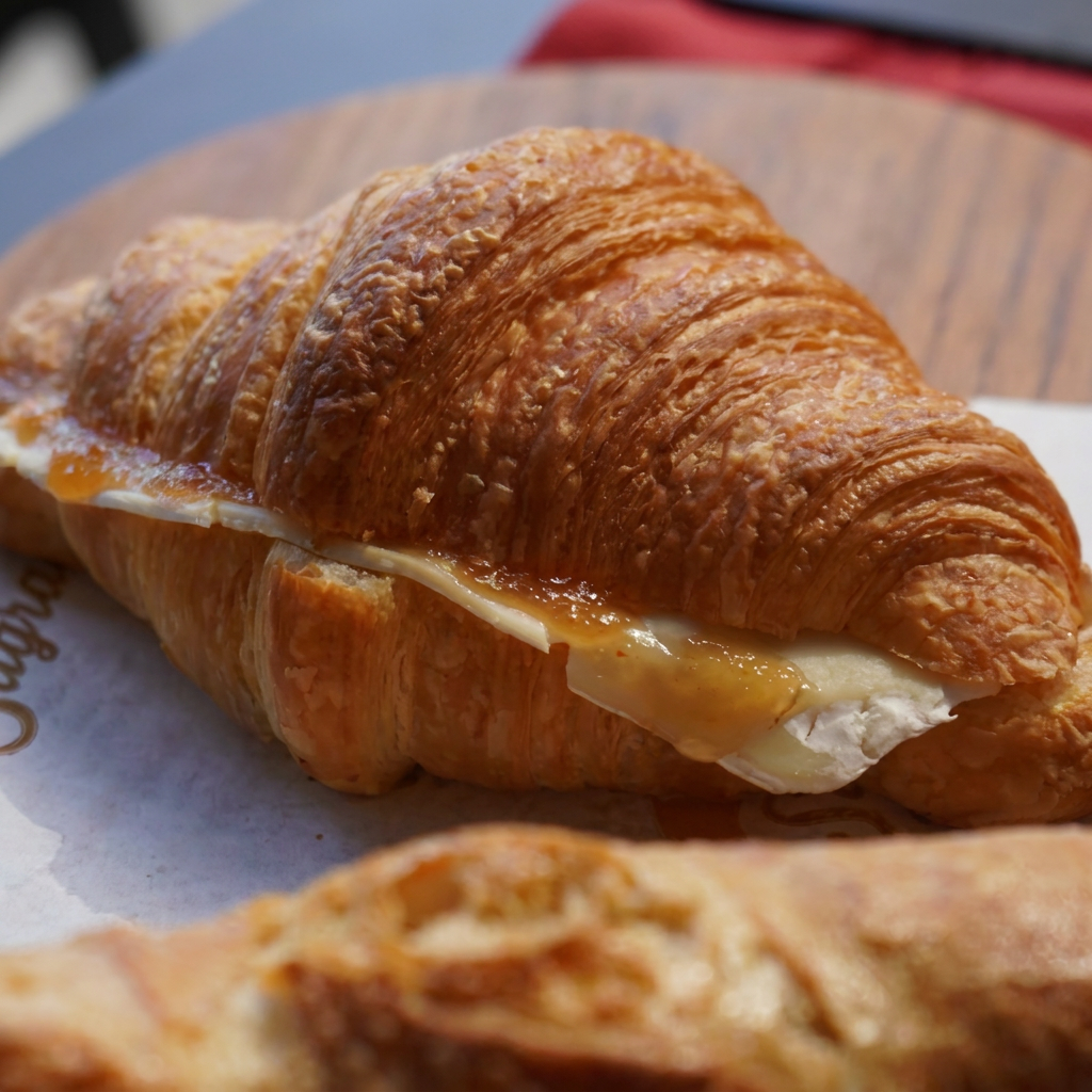 Sanduíche no autêntico Croissant francês (folhado com manteiga, farinha francesa e fermentação longa) com queijo brie geleia de pimenta Sagrado