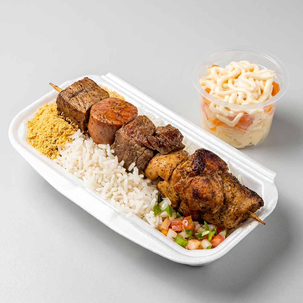 1 Espetinhos à Escolha +1 Arroz (140g) +1 Farofa (140g) +1 Vinagrete (140g)