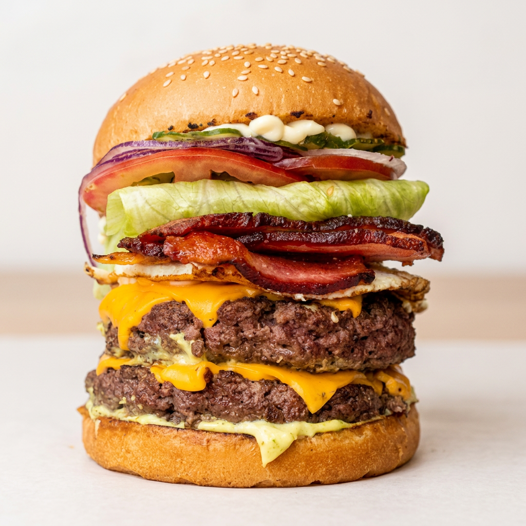 Pão gergelim, Catupiry, cheddar, Billy Jack, 2 carnes 150gr, ovo, bacon, alface americana, tomate, cebola roxa, picles e maionese da casa.