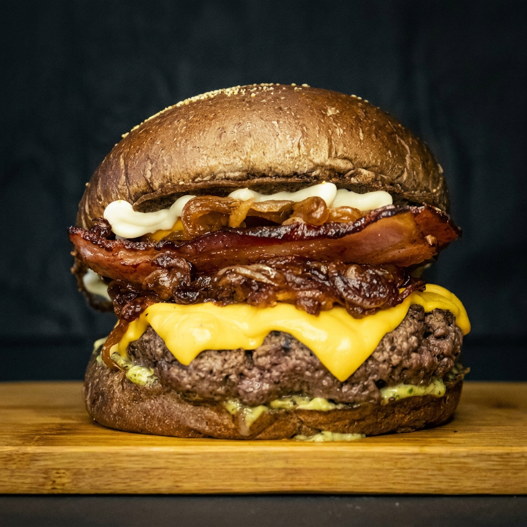 Pão australiano, Catupiry, cheddar, barbecue, bacon, cebola caramelizada, carne 150gr e maionese da casa