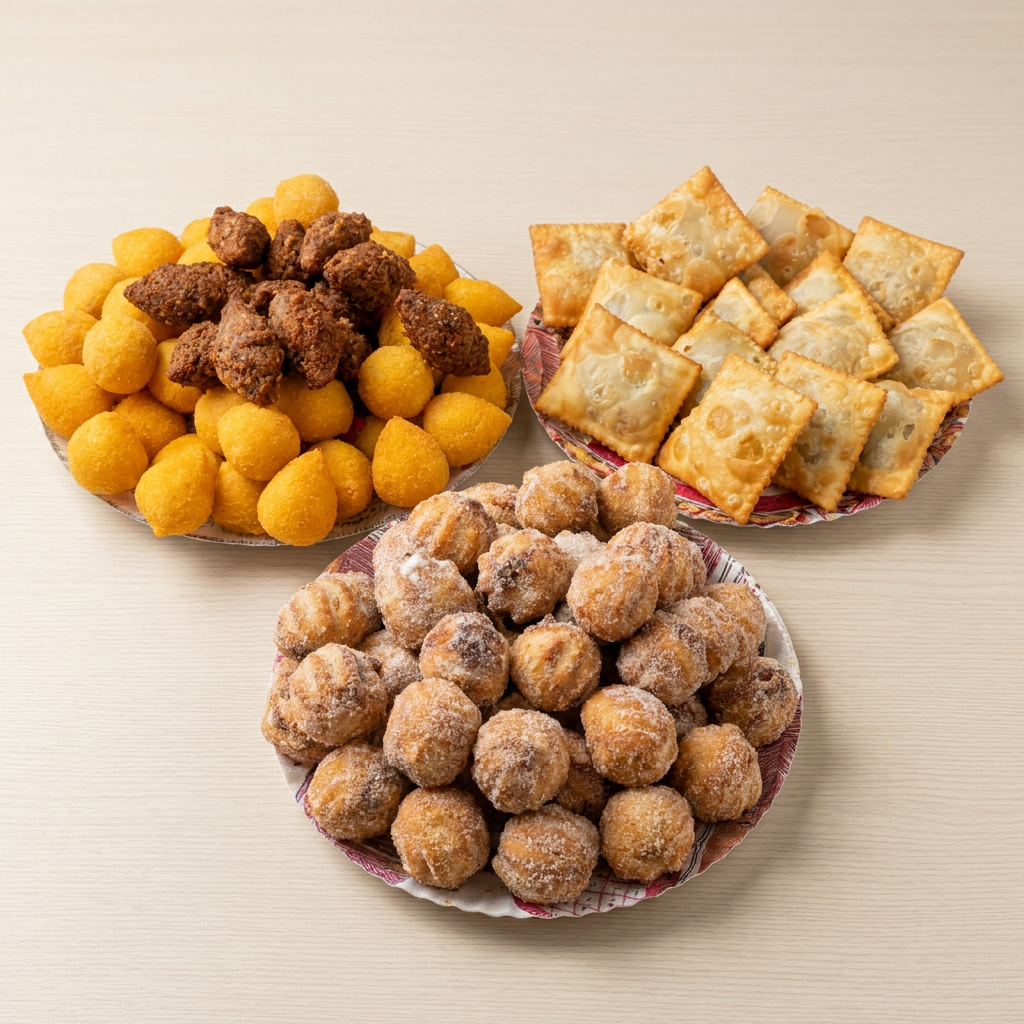 30 mini salgados + 15 mini pastéis + 10 churros. Mix completo para compartilhar.