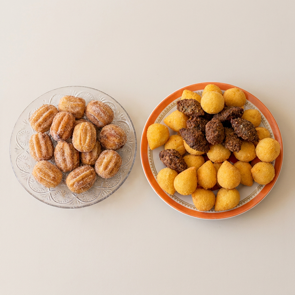 25 mini salgados + 10 churros. Ótimo custo-benefício para lanche rápido.