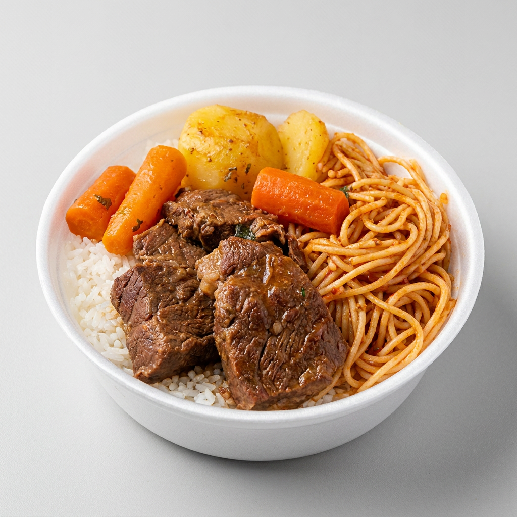 Marmita Media,aproximadamente 700 gramas,acompanhada de Arroz branco,Feijão,macarrão,Carne cozida com batata e cenoura,(Não acompanha salada,é a parte).