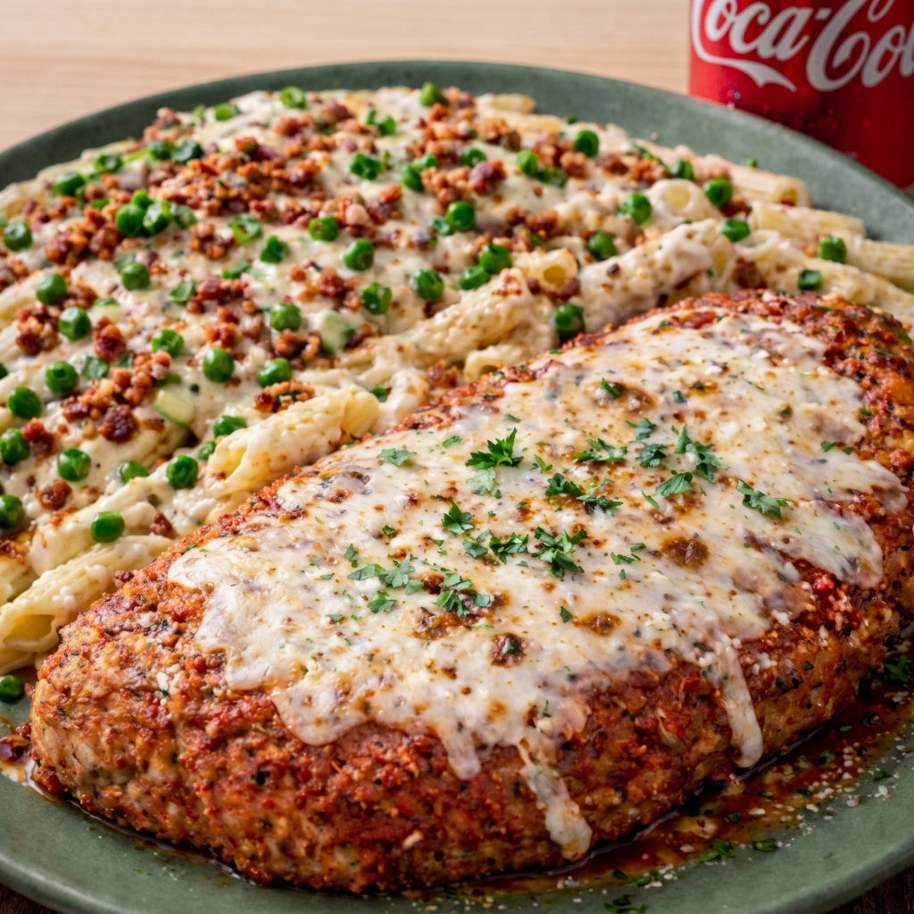 Uma incrível Parmegiana de Frango acompanhada de um irresistível macarrão parisiense, preparado com molho branco cremoso, presunto suculento e ervilha fresca verdinha. Para completar, o prato é finalizado com queijo derretido e um toque especial de cebolinha fresca, garantindo sabor, leveza e aquela apresentação que conquista no primeiro olhar. Ideal para quem busca uma refeição farta, elegante e cheia de sabor!