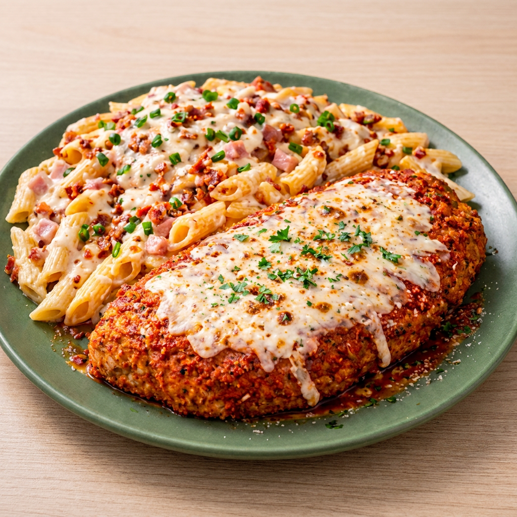 Parmegiana de Frango com Macarrão Paulistano. Uma experiência completa no prato: frango à parmegiana supermacio, coberto com molho artesanal e queijo, Acompanha um macarrão cremoso ao molho branco, misturado com presunto e bacon douradinho. Finalizado com uma camada generosa de queijo derretido e cebolinha fresca. Sabor intenso, cremosidade e aquele toque caseiro que dá vontade de repetir!