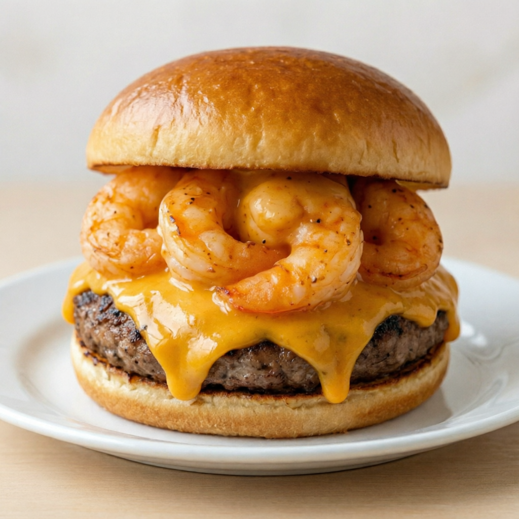 Pão redondo francês, burguer artesanal 120g, queijo cheddar, generosos camarões coberto com molho especial de queijo.