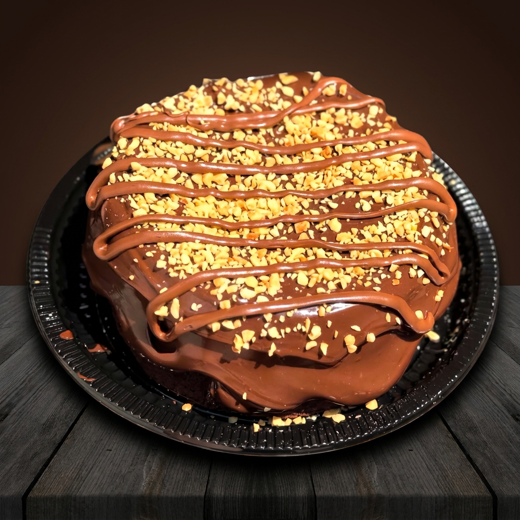 massa de chocolate cobertura de brigadeiro ,castanha de xerem e fios de nutella serve de 8 a 12 fatias