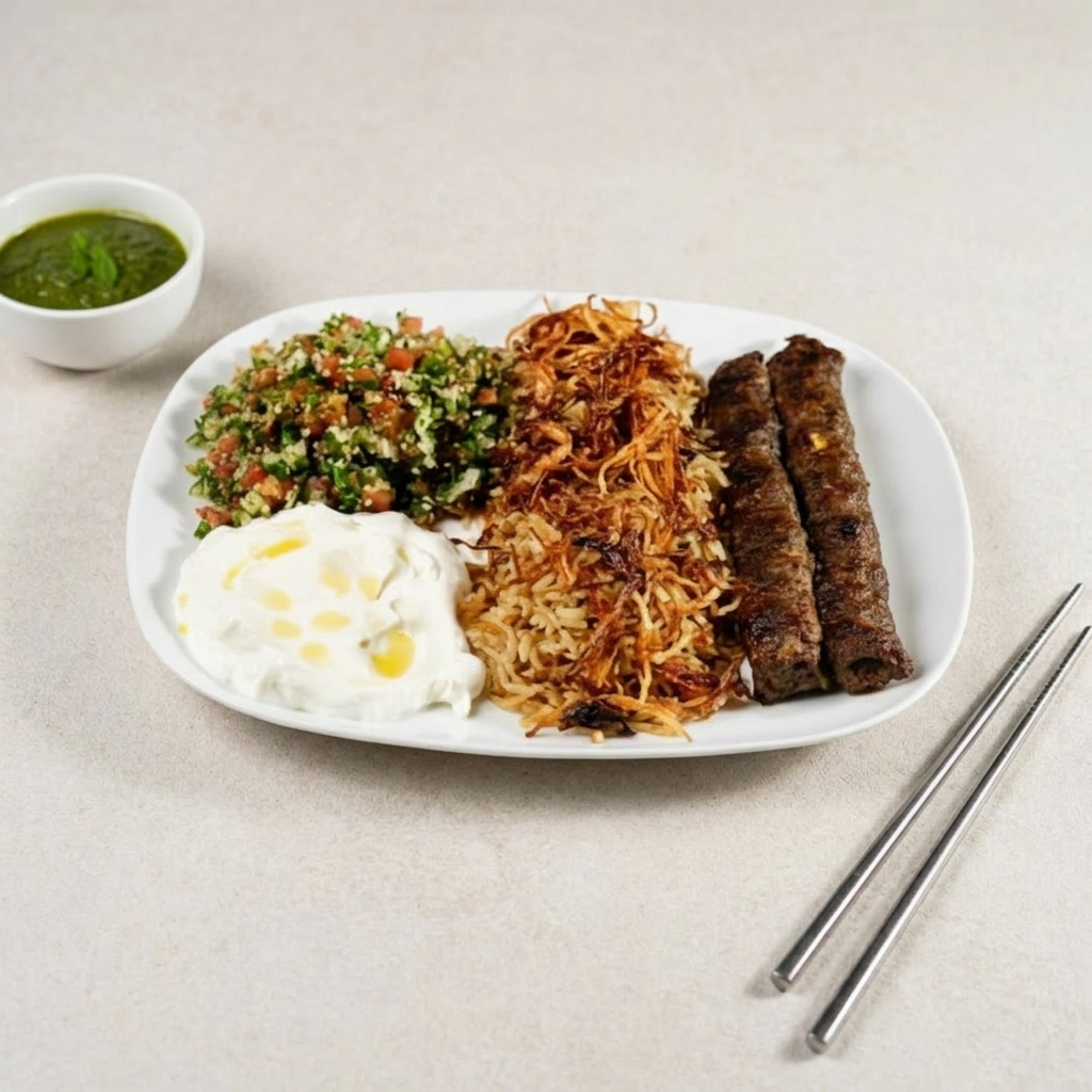 Deliciosa kafta (2 unidades) temperada a moda libanesa, acompanha arroz sirio, tabule, coalhada seca. Caso queira trocar a coalhada por outra pasta como babaganush ou homus, favor nos avisar no pedido! (450g)