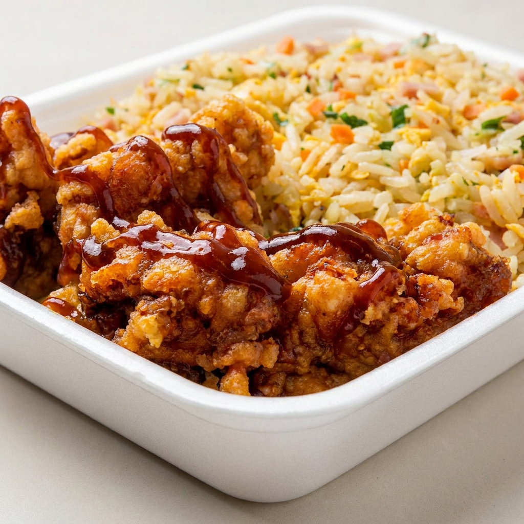 O karaage levemente adocicado combina frango crocante com uma marinada suave de molho especial, criando um contraste delicioso de sabores. Ao lado, o yakimeshi é um arroz frito macio, preparado com presunto, ovo, cenoura e cebolinha, trazendo um sabor suave e equilibrado. Porção total de 600gr
