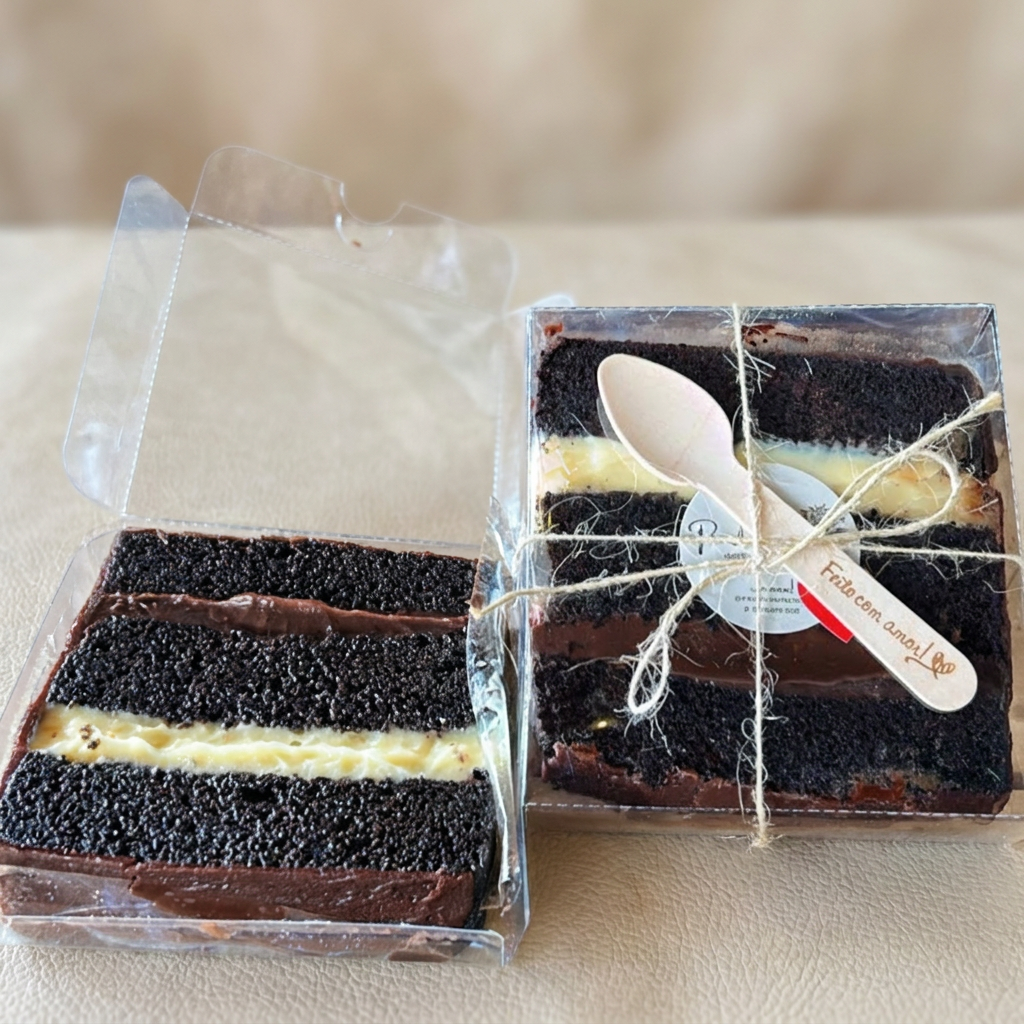 Uma fatia bem generosa de bolo de chocolate, com uma camada de brigadeiro bem cremoso e uma camada de creme de Leite Ninho Pede agora e mata essa vontade de chocolate sem culpa!
