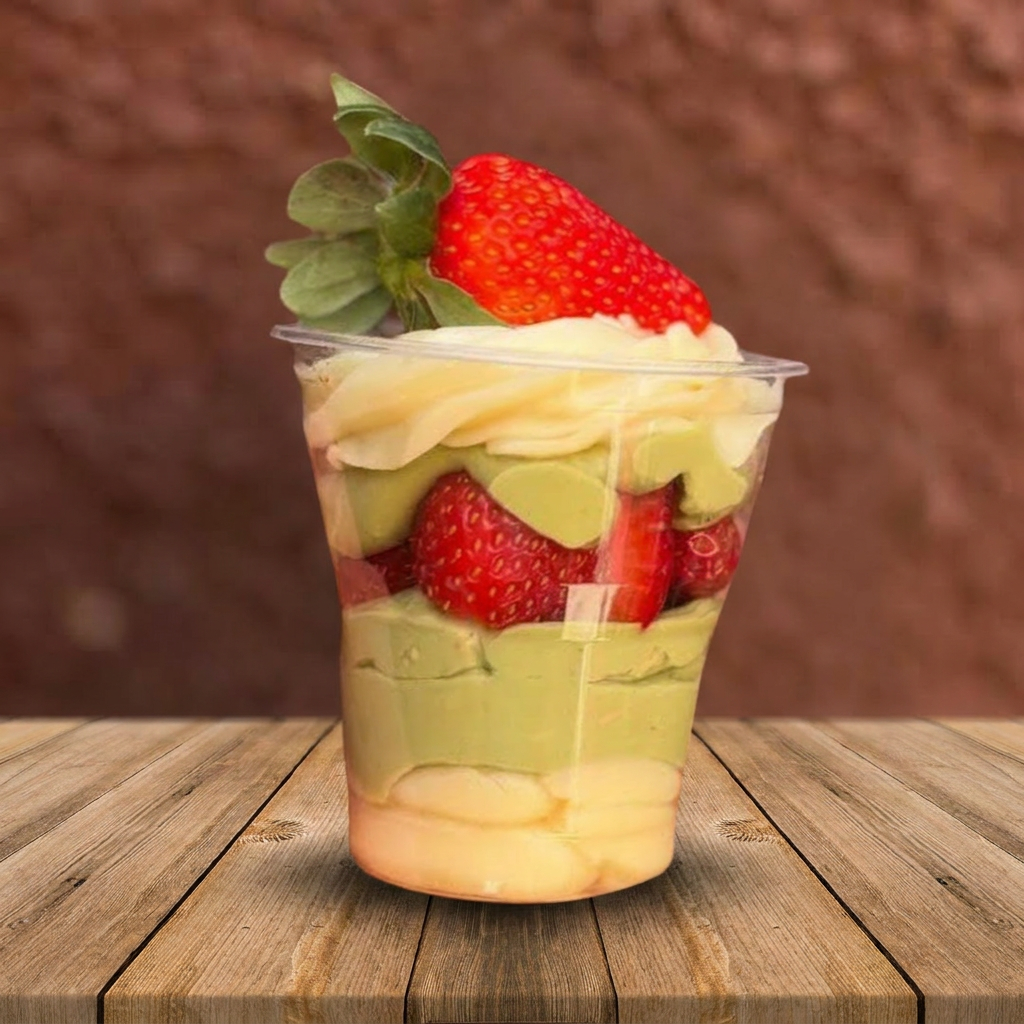 CREME BELGA, CREME DE PISTACHE VERDADEIRO E MORANGOS FRESCOS.