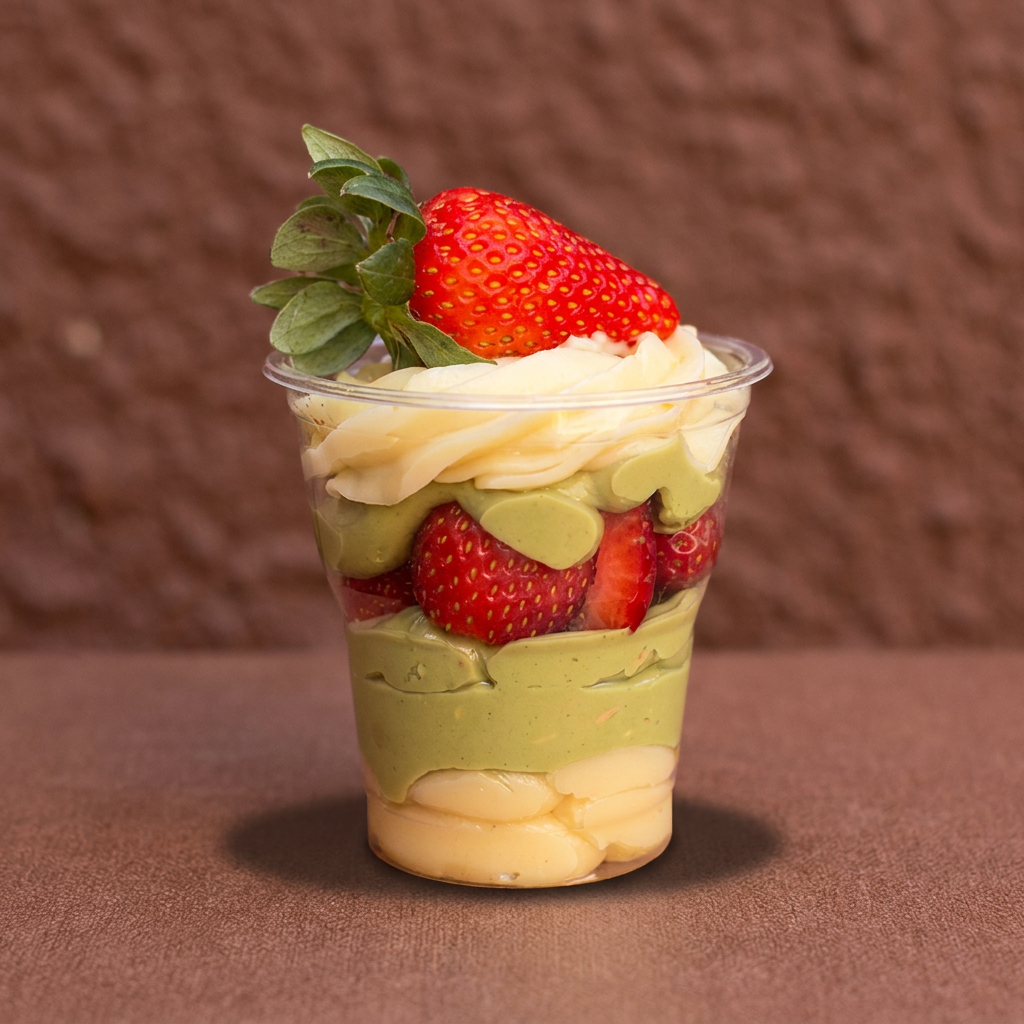CREME BELGA, CREME DE PISTACHE VERDADEIRO E MORANGOS FRESCOS.