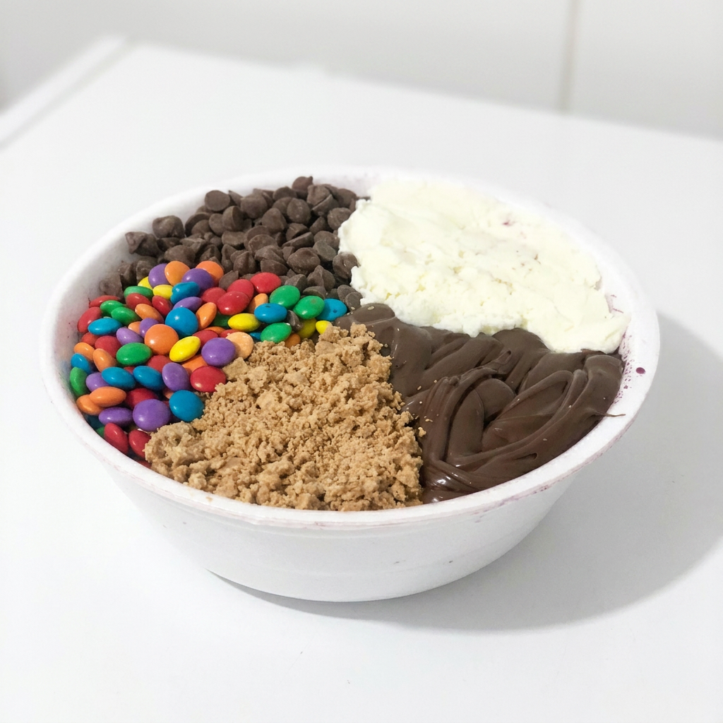 Açaí Gourmet, Recheio, MM´s, Granulado de Chocolate, Banana e Leite Condensado.