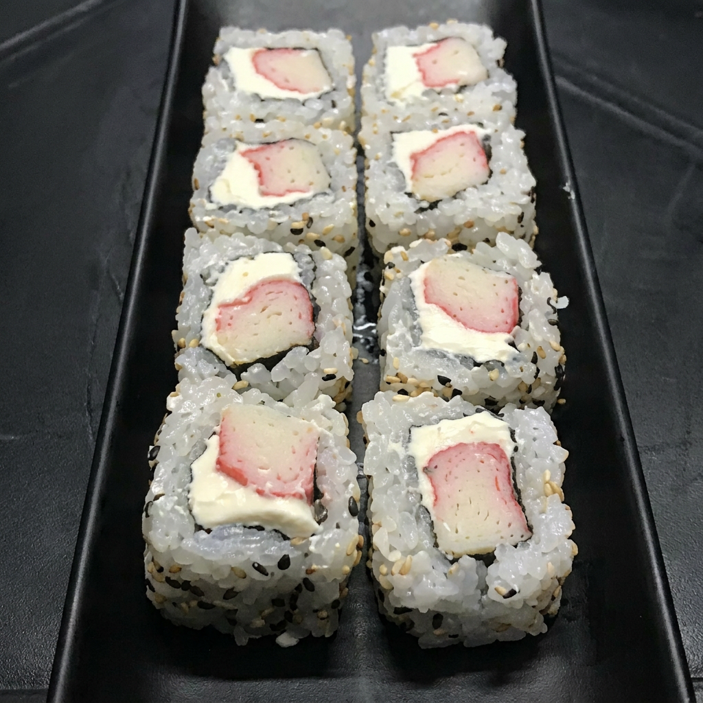 Rolo de sushi com arroz por fora, recheio de Kani e cream Cheese e arroz, finalizado com gergelim por fora.