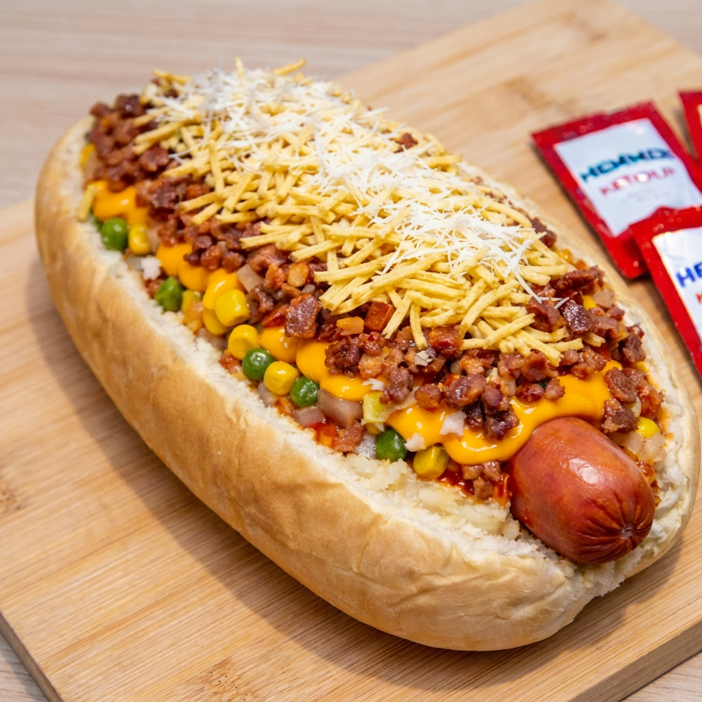 Hot dog no pão macio com salsicha, molho especial, picadinho de carne, vinagrete, batata palha crocante e queijo ralado
