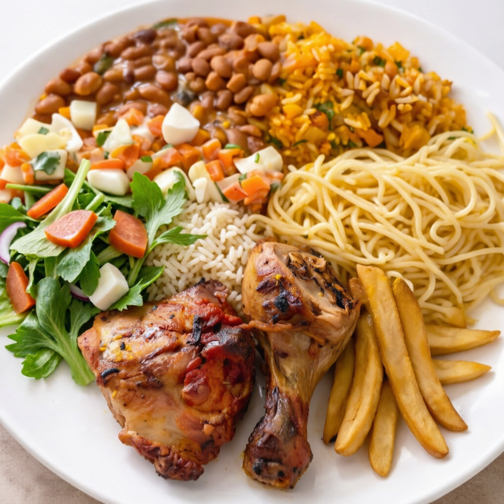 Acompanha: arroz, macarrão, feijão, fritas, farofa e salada.