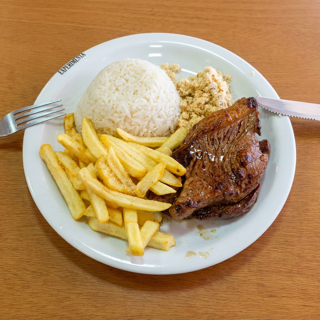 Arroz, feijão, farofa, macarrão alho e óleo ou ao molho sugo, batata frita e vinagrete.