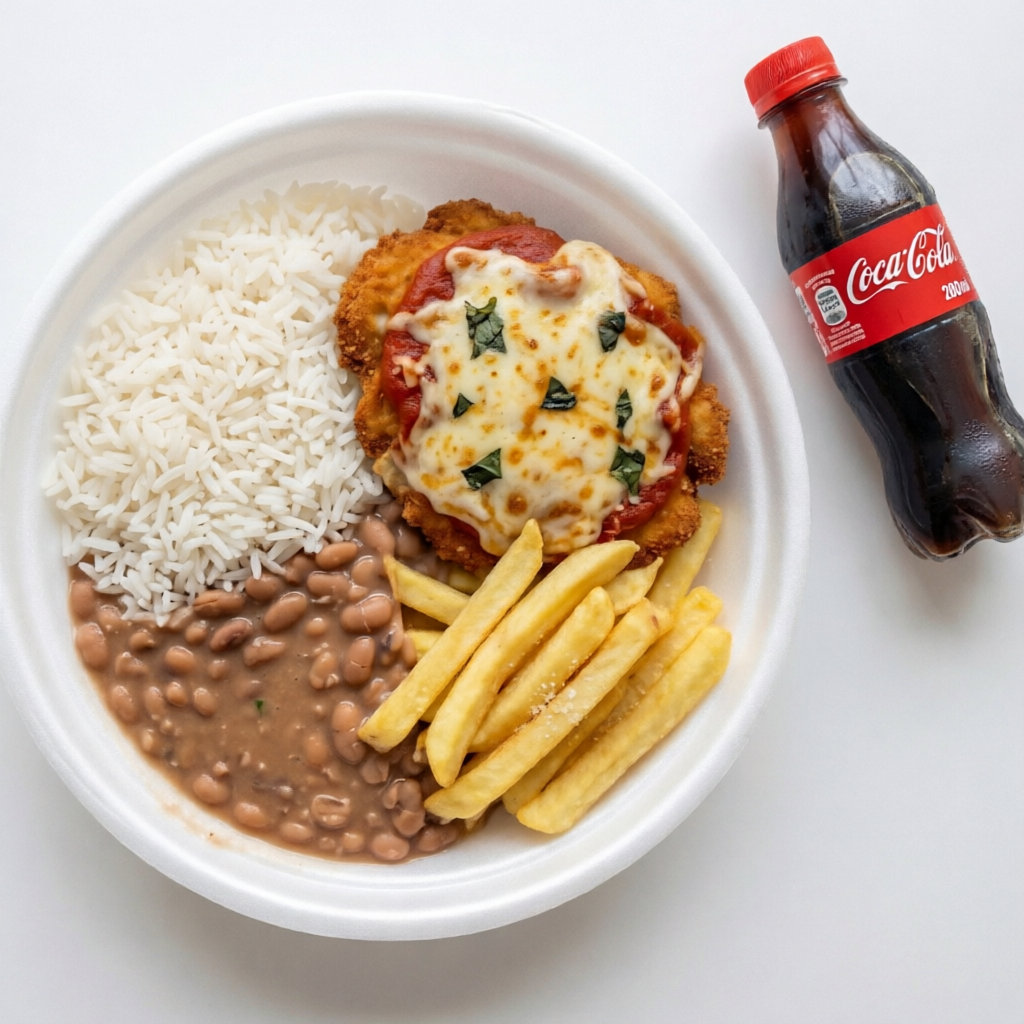 Filé de frango à parmegiana super suculento e cheio de queijo, servido com arroz soltinho, feijão bem temperado e uma porção generosa de batata frita sequinha e crocante. Acompanhado de um refrigerante de 200mlServe 1 pessoa