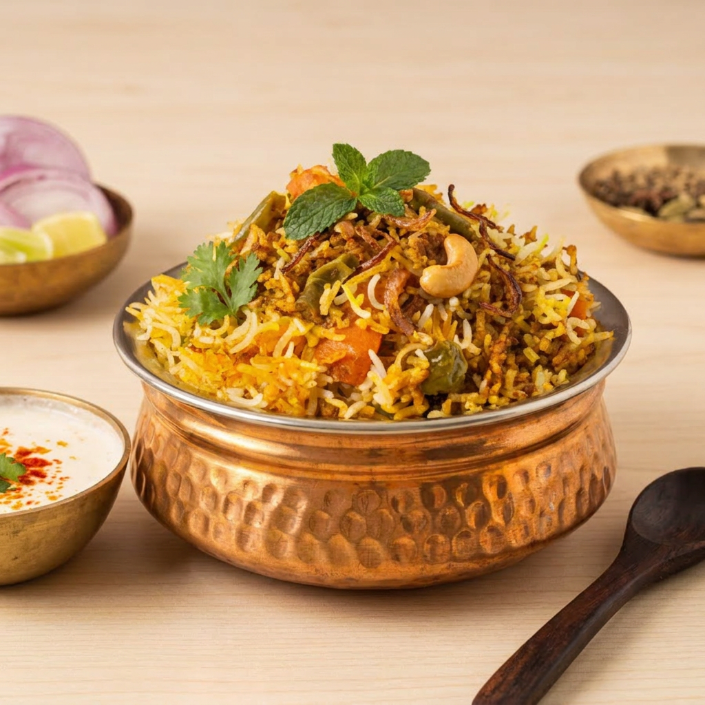 Prato feito com arroz basmati cozido com especiarias e misturado com vegetais cozidos em curry com especiarias e finalizado com coentro, hortelã, cebola frita e castanha de caju.