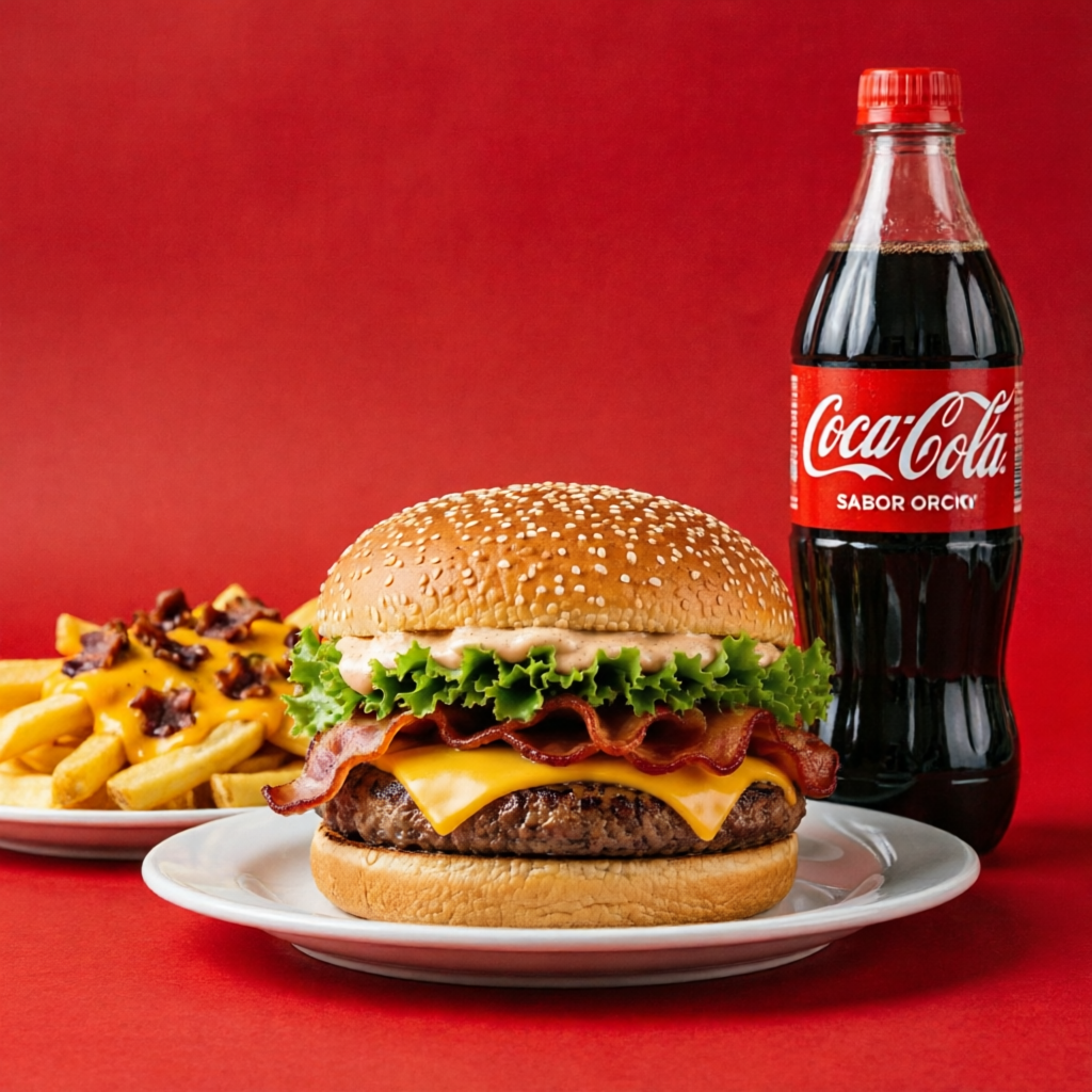 1 Express Burguer Bacon (pão gergelim, carne, bacon, maionese da casa, alface e queijo.) + 1 batata c/ cheddar e bacon + 1 coca 600ml