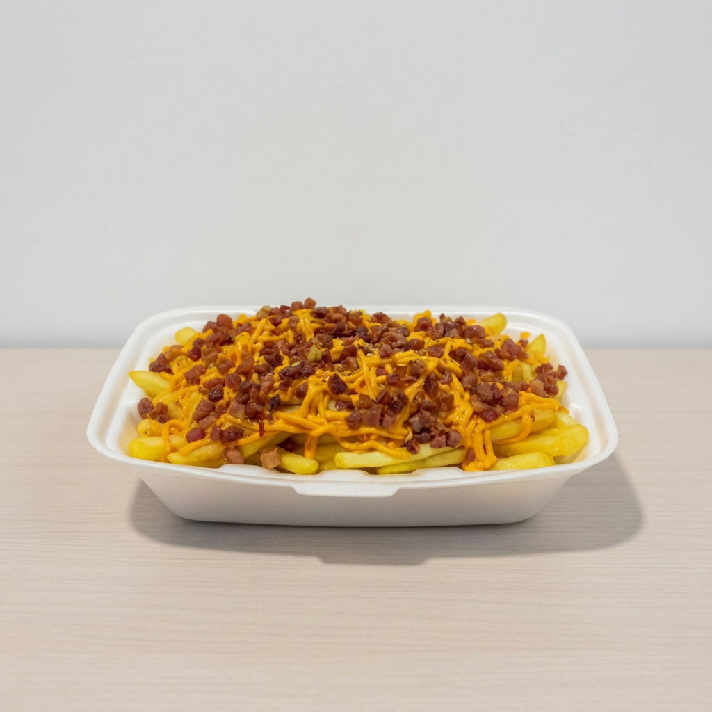 Batata especial com ketchup, mostarda, maionese, barbecue, molho da casa, cheddar, orégano, Catupiry, queijo ralado, bacon e calabresa