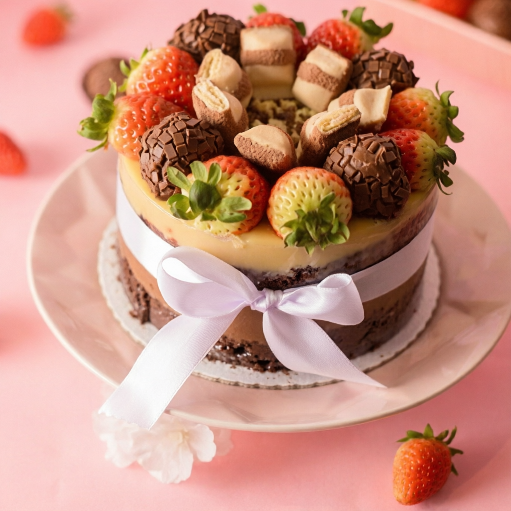 Massa de chocolate 50%, recheio de brigadeiro de kinder e brigadeiro de nutella.